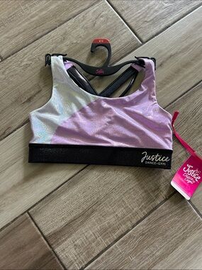 Justice Iridescent White and Lavender Dance Sports Bra with Black Band